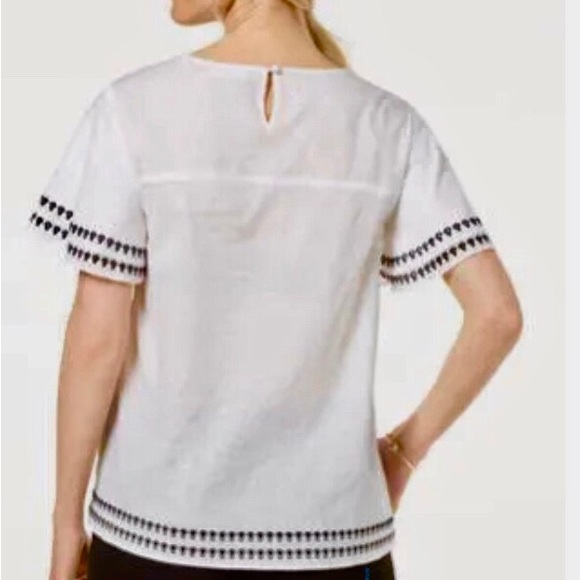 CHARTER CLUB- Navy Blue Embroidery on White Cotton Blouse. Size L - Picture 2 of 10